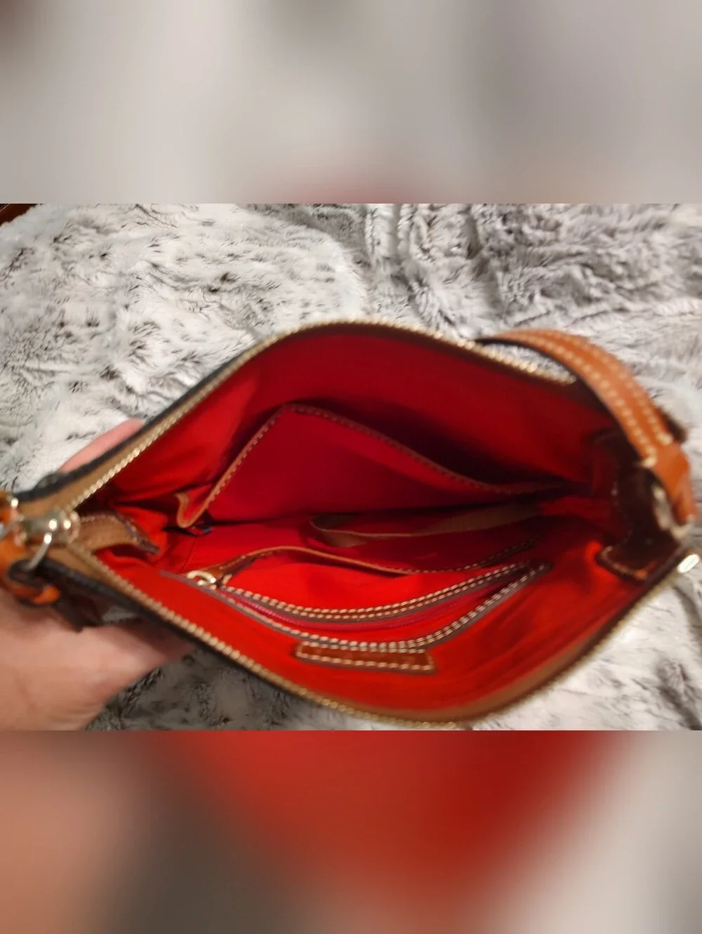 Dooney & Bourke Pebbled Black/Brown  Zip Bag Red Lining Gold HW